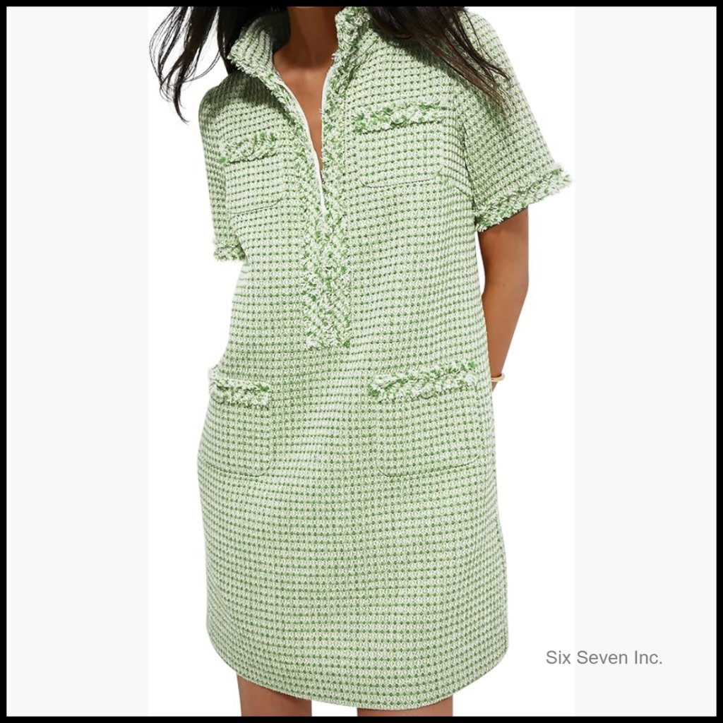 Tweed Mini Dress V-Neck Short Sleeve Bodycon Shift Dress For Work Casual